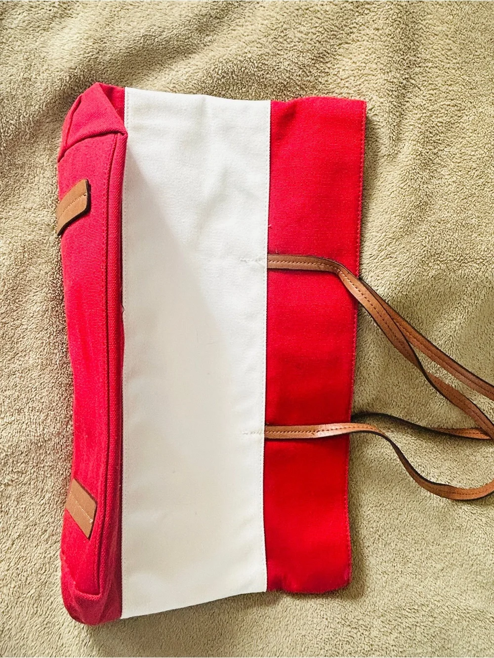 Tommy Hilfiger Red and White Canvas Tote with Tan Straps